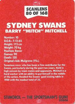 1989 Scanlens VFL #80 Barry Mitchell Back